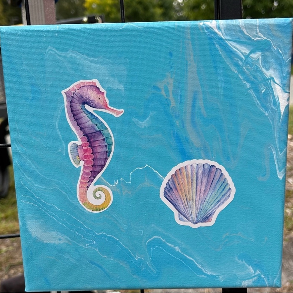 Original Seahorse And Shell Painting Fluid Art
